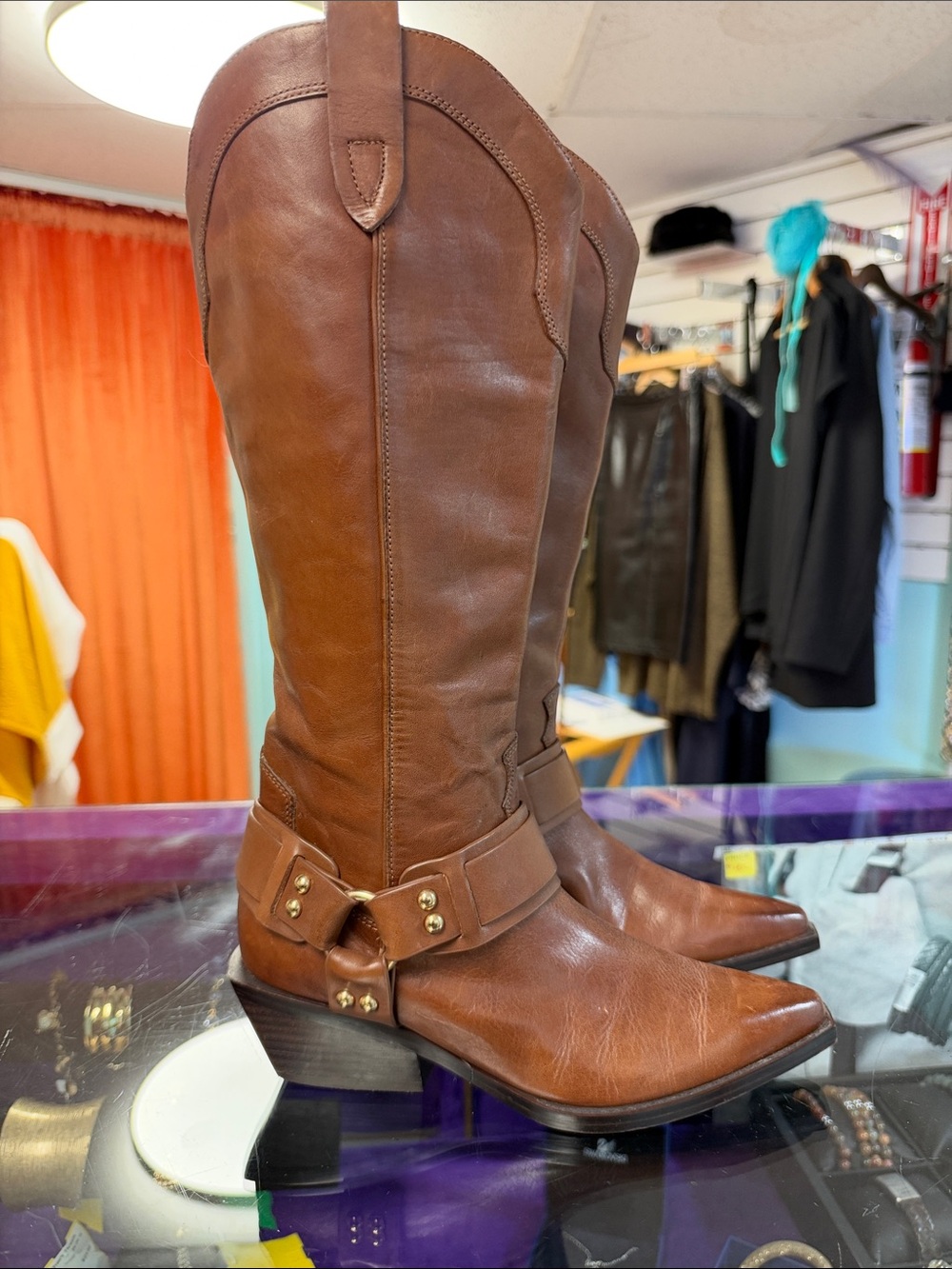 Marc Fisher Brown Leather Mid-Calf Harness Boots